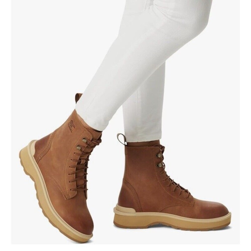 New SOREL Hi-Line Platform Combat Boot Women Leather 10 M Lace Up Brown